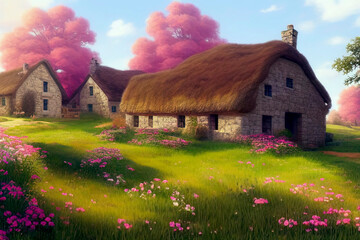 Fototapeta na wymiar A cozy stone village house on a grass field against blue sky with clouds. Rural beautiful landscape with flowers and trees. Bright sunny day. Digital painting illustration.