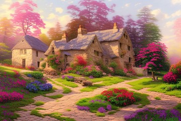 A cozy stone village house on a grass field against blue sky with clouds. Rural beautiful landscape with flowers and trees. Bright sunny day. Digital painting illustration.
