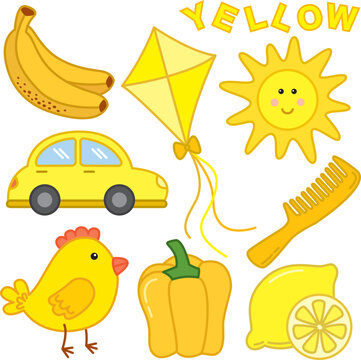 Learning Colors. Yellow Color Flashcard For Kids With Different Yellow Pictures.