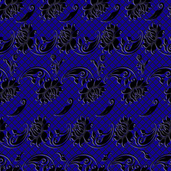 Seamless vector floral vintage background. Curved tree branch with fantastic flowers, leaves, tendrils. The motives of the paintings of ancient Indian fabrics. 