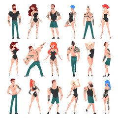 Tattooed or Inked Man and Woman in Standing Pose Vector Set