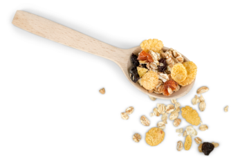 crunchy muesli in scoop on white background