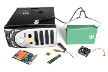 PC computer case and computer motherboard isolated on white