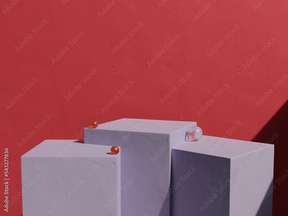 Aufkleber pale purple square shape podium product display on red conrete background. 3d rendering