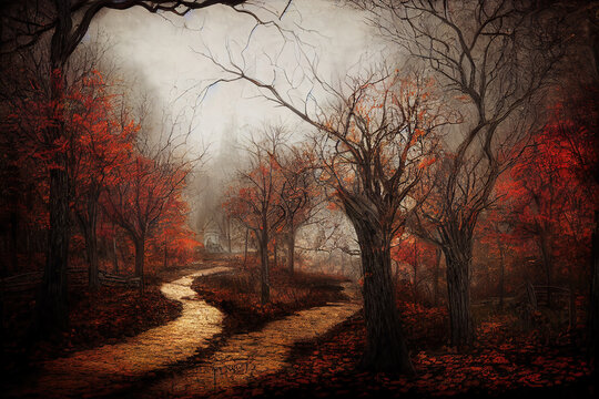 AI generated image of Sleepy Hollow during autumn. Fall colors. Eerie mysterious atmosphere.  