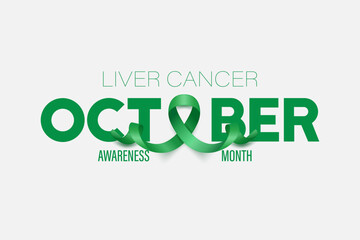 October. Liver Cancer Banner, Card, Placard with Vector 3d Realistic Emerald Green Ribbon on White Background. Liver Cancer Awareness Month Symbol Closeup. World Liver Cancer Day Concept