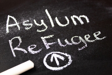 Fototapeta premium Asylum Refugee - text on chalkboard, concept.