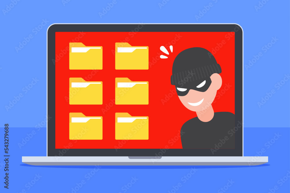 Poster hacker with document folders icon inside laptop screen. concept of computer security, cybercrime, da