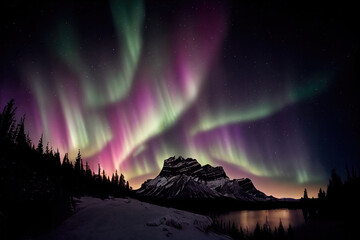 AI generated image of the Aurora Borealis rising above Banff National Park  - obrazy, fototapety, plakaty