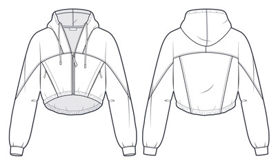 Cropped Hoodie Sweatshirt technical fashion illustration. Batwing Sleeve Sweatshirt fashion flat technical drawing template, zip-up, hood, front and back view, white, women, men, unisex cad mockup set © Liubov Hladka