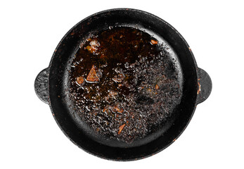  A greasy dutch oven. Dirty frying pan isolated on white. - obrazy, fototapety, plakaty