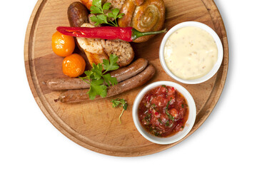 Roasted sausages on white background