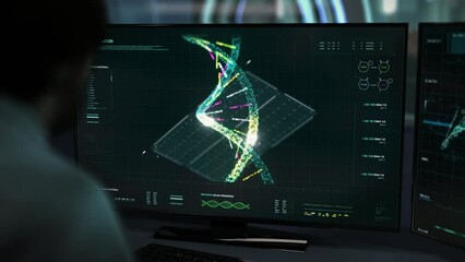 Scientists Conduct Futuristic Research Analysis Of Human Genome. Futuristic Analysis Of Patient DNA. Biological Lab Futuristic Analysis. Futuristic Analysis For Medical Treatment Clinic.