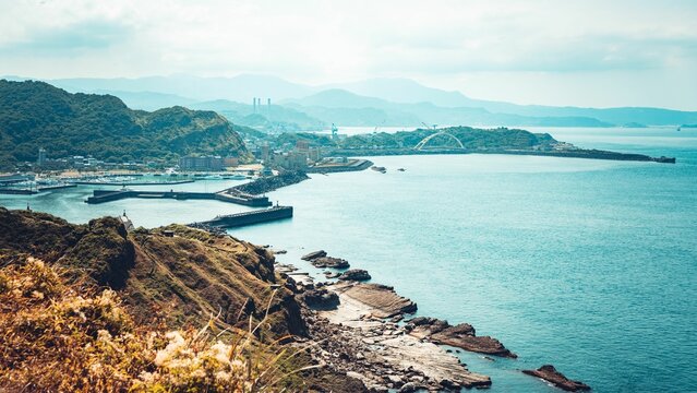 High-angle view of Badouzi Seaside Park connecting Chaojing Park and Huanbao Repopulation Park