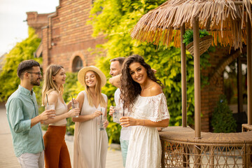 Group of young people cheering and having fun outdoors with drinks