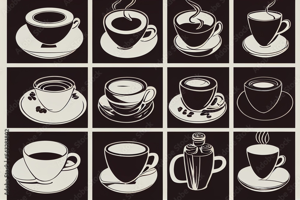 Poster a series of coffee cups and saucers with different shapes and sizes. generative ai