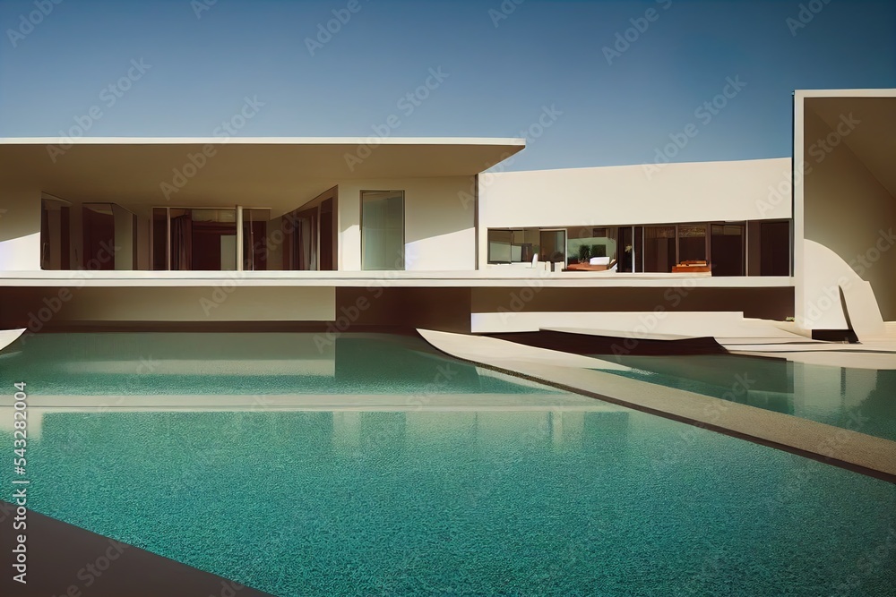 Poster a house with a pool in front of it and a car parked in the back yard of it and a car parked in the b