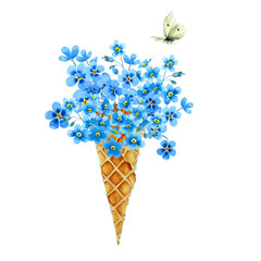 Bouquet of blue forget-me-not flowers in waffle cone and flying yellow lemongrass butterfly isolated on white background. Hand drawn watercolor.