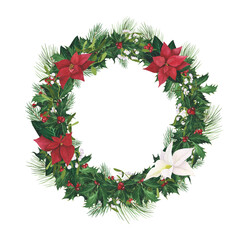 Fototapeta na wymiar Wreath holly Christmas, Poinsettia, Mistletoe isolated on white. Watercolor hand drawn frame. Illustration for design