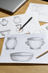 Tableware design sketches on paper. Drawings of dishes.