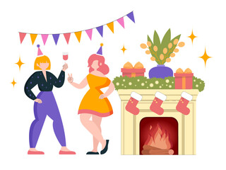 Vector illustration, flat style. Girls dance, party, holiday. Jewelry and gifts. Christmas and New Year.