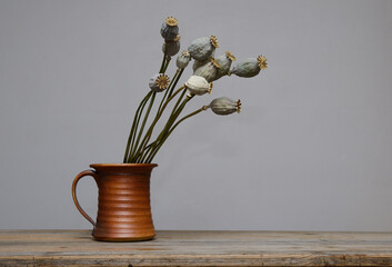 dried poppy seed heads in a ceramic vase