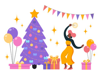 Vector illustration, flat style. Girls dance, party, holiday. Jewelry and gifts. Christmas and New Year.