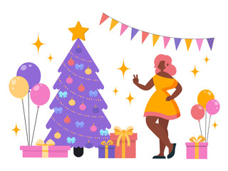 Vector illustration, flat style. Girls dance, party, holiday. Jewelry and gifts. Christmas and New Year.
