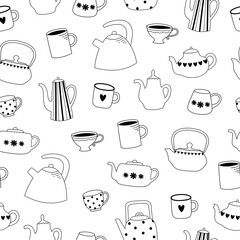 Seamless pattern of line art teapots and cups on white background. Kitchen utensil background.