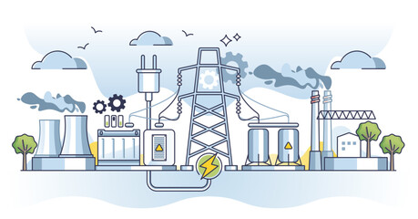 Electricity industry and voltage power generation facility outline concept. Energy supply from natural fossil gas, thermal and nuclear station vector illustration. Transformer towers engineering.