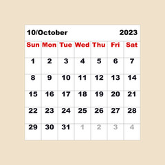 October 2023. Calendar for one month in the form of a table for the organizer or planner.  Vector illustration.