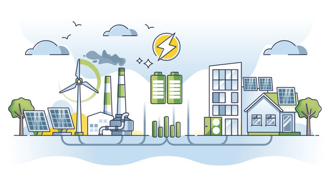 Distributed energy generation with sustainable power sources outline concept. Electricity distribution from alternative solar panels and wind turbines stored in central battery vector illustration.