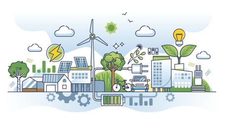 Sustainable urban community with green distributed energy outline concept. Ecological clean and environmental city with smart electricity, lightning and iot infrastructure usage vector illustration. - obrazy, fototapety, plakaty