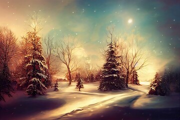 illustration of a winter christmas scene landscape for a banner or wallpaper