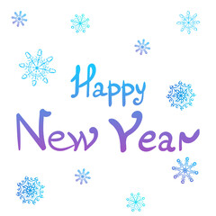 Happy New Year text for greeting card with snowflakes. Vector holiday design isolated on white background.