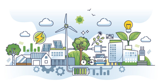 Sustainable urban community with green distributed energy outline concept. Ecological clean and environmental city with smart electricity, lightning and iot infrastructure usage vector illustration.