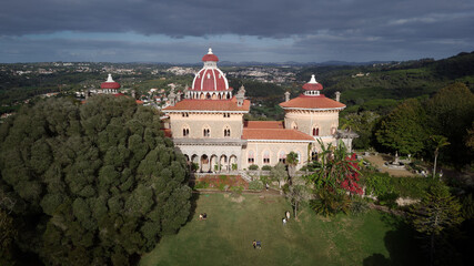 Aerial drone view of Park and Palace of Monserrate in Sintra, Portugal. Unesco. Historic visits....