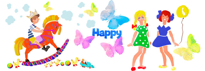 Children pattern with toys, horse, cars, balls, butterflies. Watercolour kids illustration, wallpaper. Birthday template.