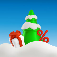 Vector 3D illustration with a Christmas tree and a gift with discounts in the snow. New Year or Christmas sale. The concept of winter shopping.