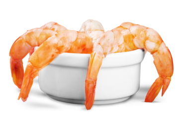 Cooked shrimps in bowl isolated on white background.