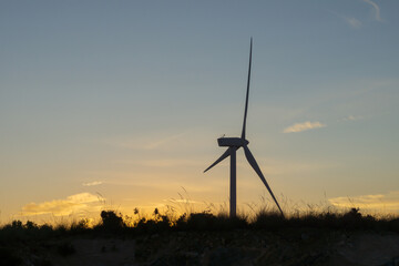 Windmill for electric power production seen from below the tower, province of Granada, Spain.