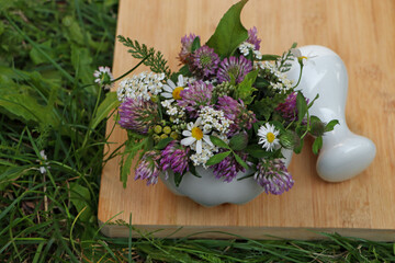 Ceramic mortar with pestle, different wildflowers and herbs on green grass, above view