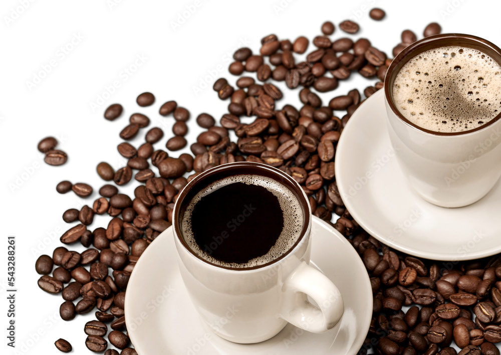 Wall mural coffee cups and coffee beans on wooden background