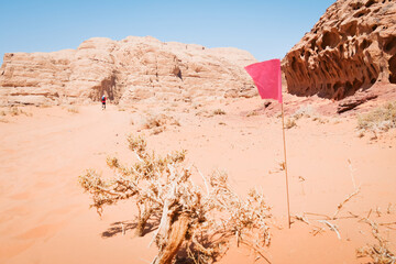 Wadi rum, Jordan - 5th October, 2022: Athlete competitors fast walk in desert pass markings on...