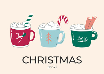 Set of Christmas drinks in a cute cup with marshmallow