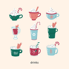 Vector collection of hot drink in a cute mug. Autumn and winter holidays set