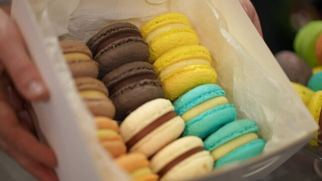Box with multicolored tasty sweet french macaroons in female Caucasian hands. Live camera zoom in and zoom out to delicious colorful pastry indoors