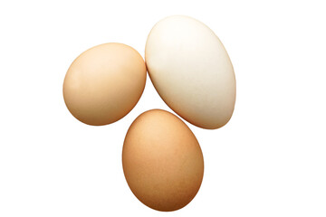 Three chicken eggs of different colors and different sizes lie in a wicker basket