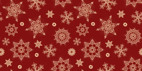 Behang Het rode en gouden patroon van de Kerstmissneeuwvlok. Boho sneeuw vectorillustratie perfect voor kerstkaart decor of een viering ontwerp materialen. © ChristinaMM