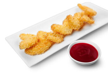 Fry chicken Meat with red sauce on white plate isolated on white background